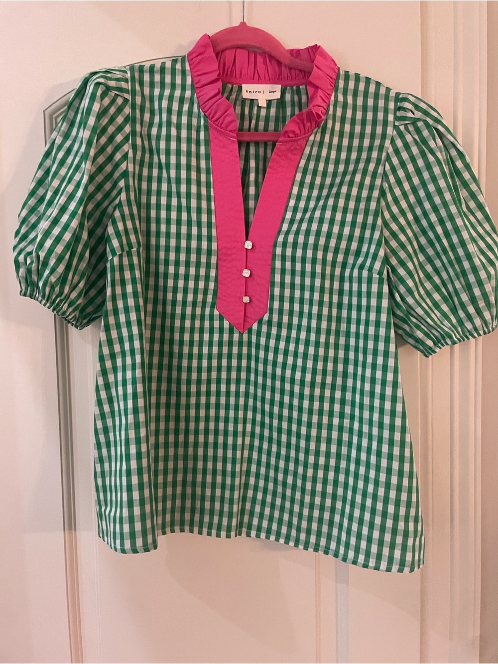 entro Green Gingham Top with Pink Trim
